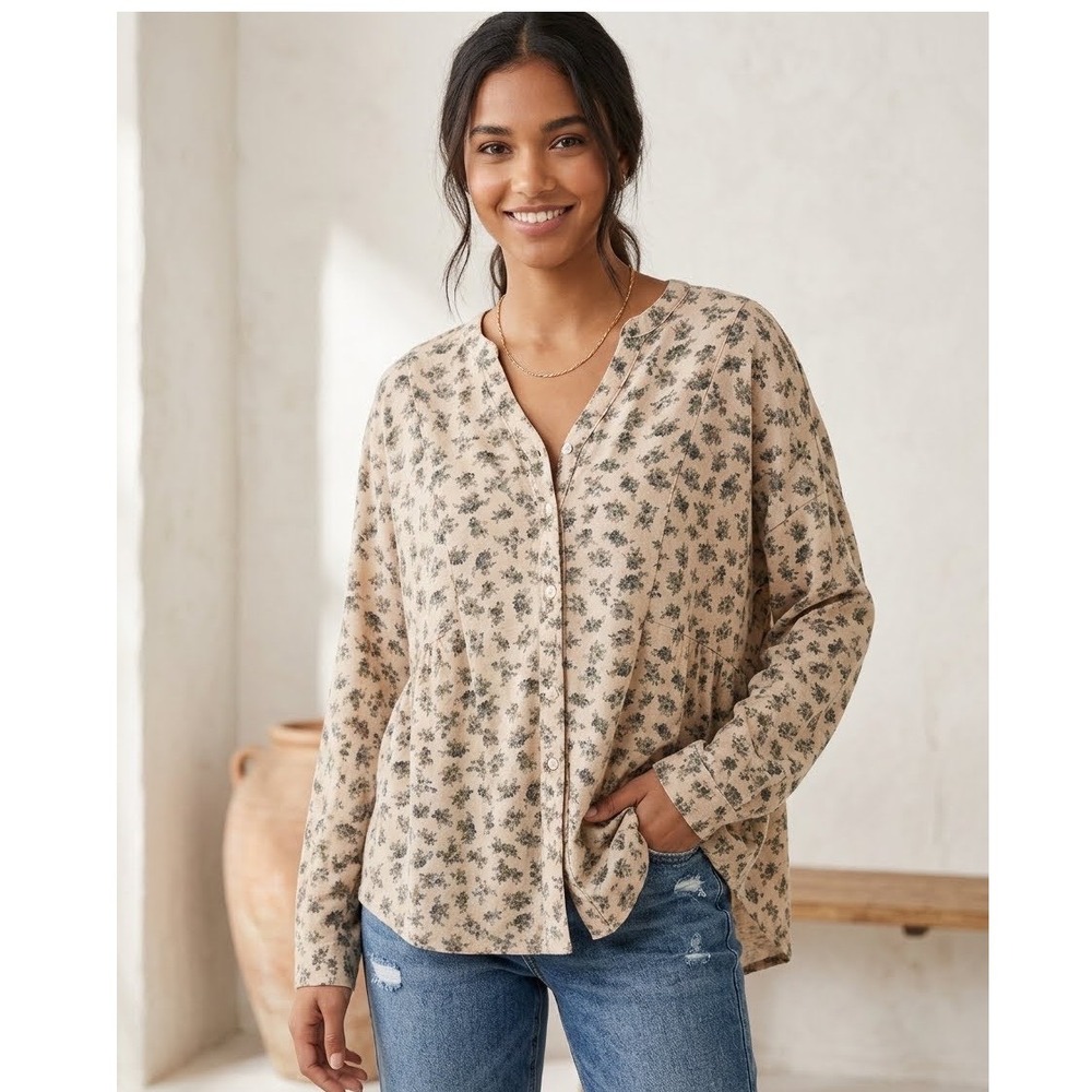 Kori America Floral Babydoll Top Beige Rose Print Long Sleeve Sz S Oatmeal Core